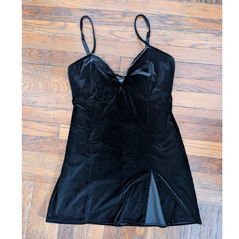Fredericks of Hollywood Black Velvet Rhinestone Trim‎ Mini Dress Medium